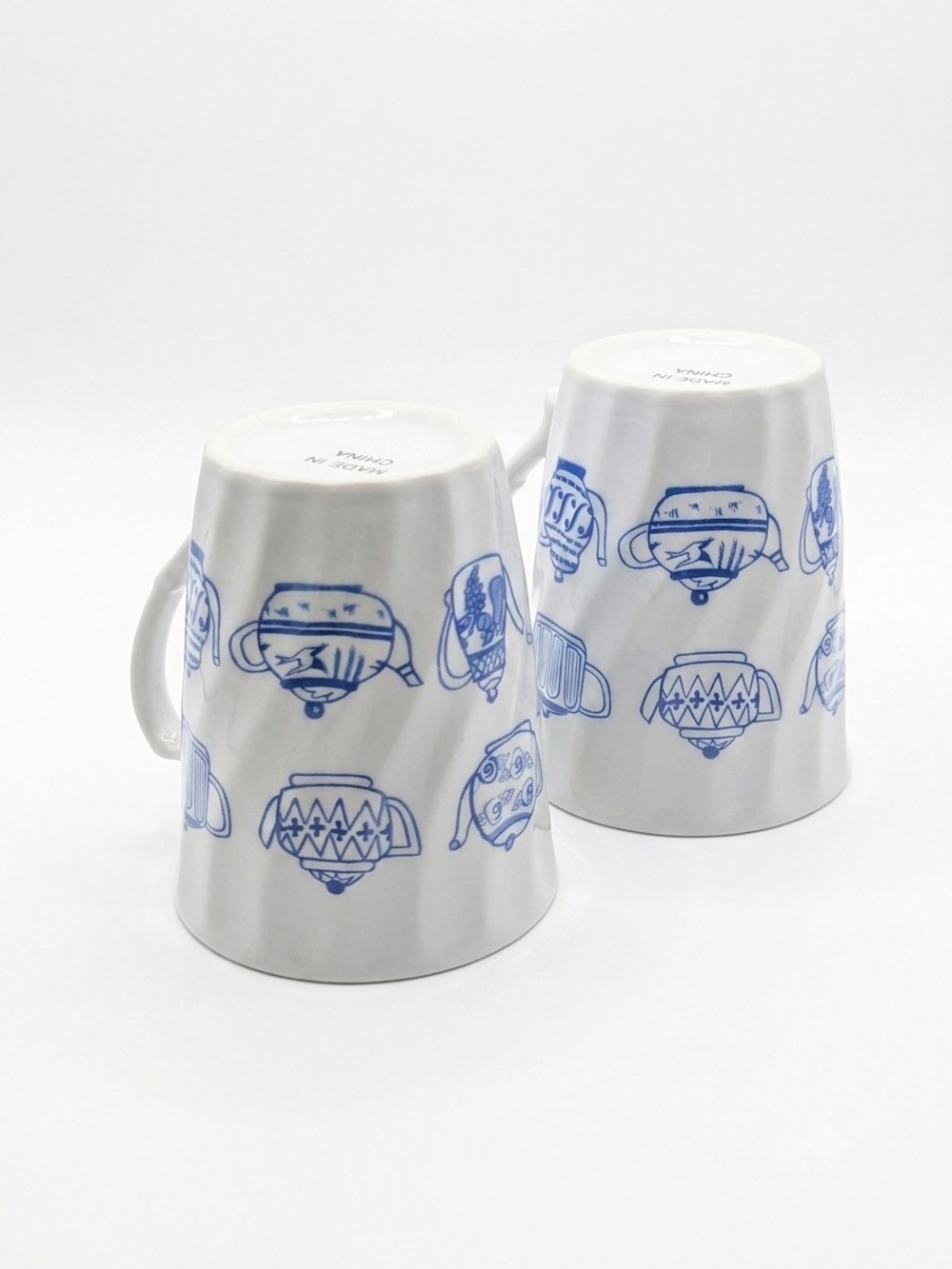 1990s Blue White Teapot Mugs Set of 2 Ceramic Swirl